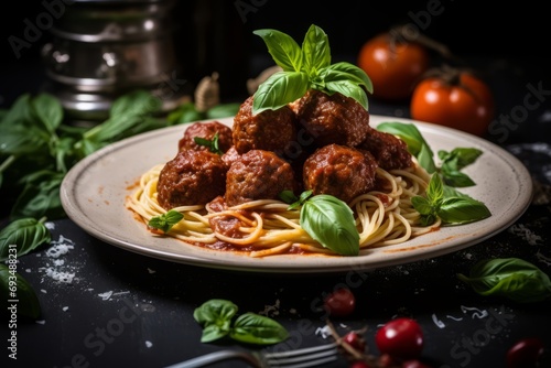 An appetizing image of homemade meatballs bubbling in a flavorful tomato sauce, paired with spaghetti and garnished with basil