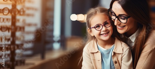 Smiling girl getting glasses fitted by ophthalmologist in optical store with copy space photo