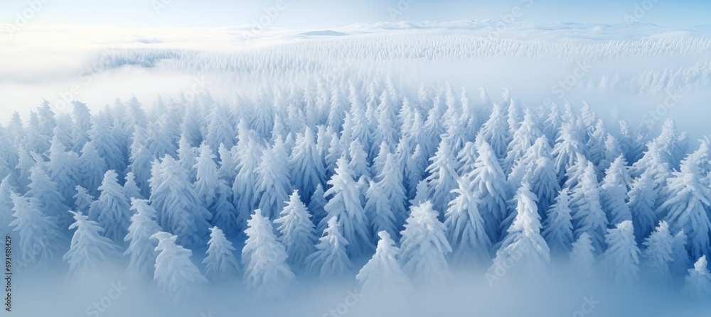 Aerial view of snow covered pine trees in the enchanting winter forest of norway, captured by drone Aerial view of snow covered pine trees in the enchanting winter forest of norway, captured by drone