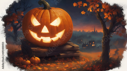 "The Mesmerizing Glow of a Closeup Luminous Halloween Pumpkin: A Radiant Symbol of Spooky Festivities Generative AI 