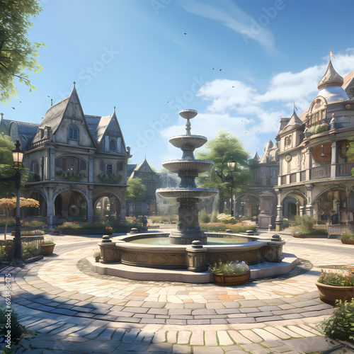 A tranquil village square with an ornate fountain