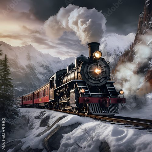 Vintage steam train traveling through the snowy mountains
