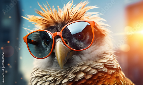A bird wearing sunglass for a commercial advertisement image