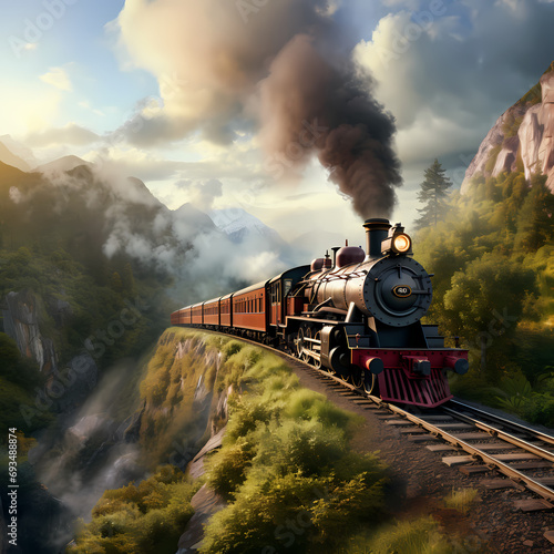 Vintage steam train traveling through a tunnel in the mountains