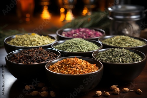 Different seasonings in cups Spice on background. © thawats