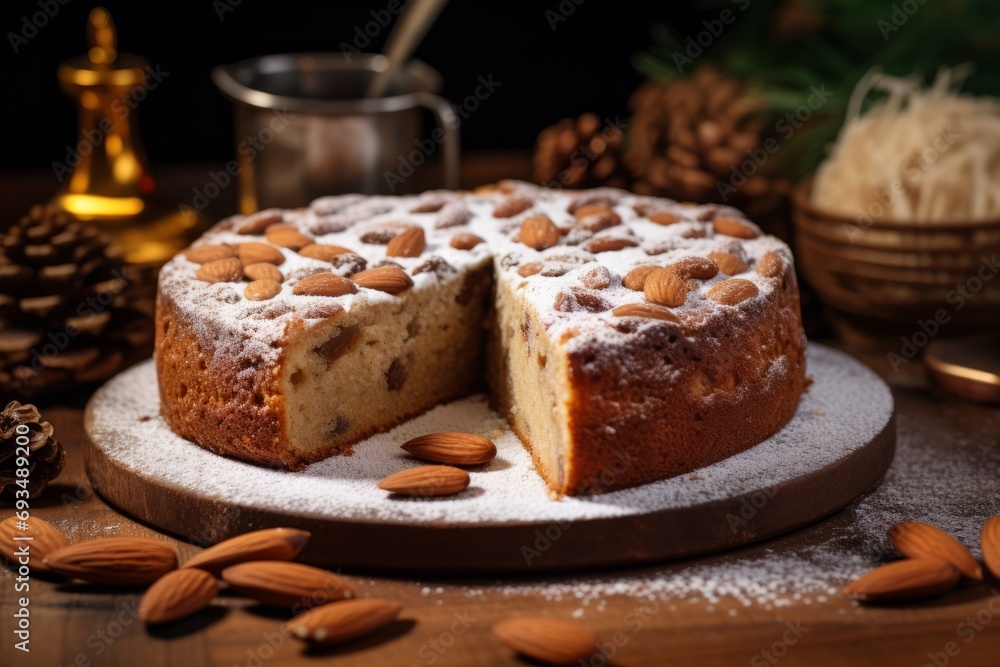 A traditional Belgian Speculaas cake, garnished with almond slivers and a dusting of sugar, ready to be served