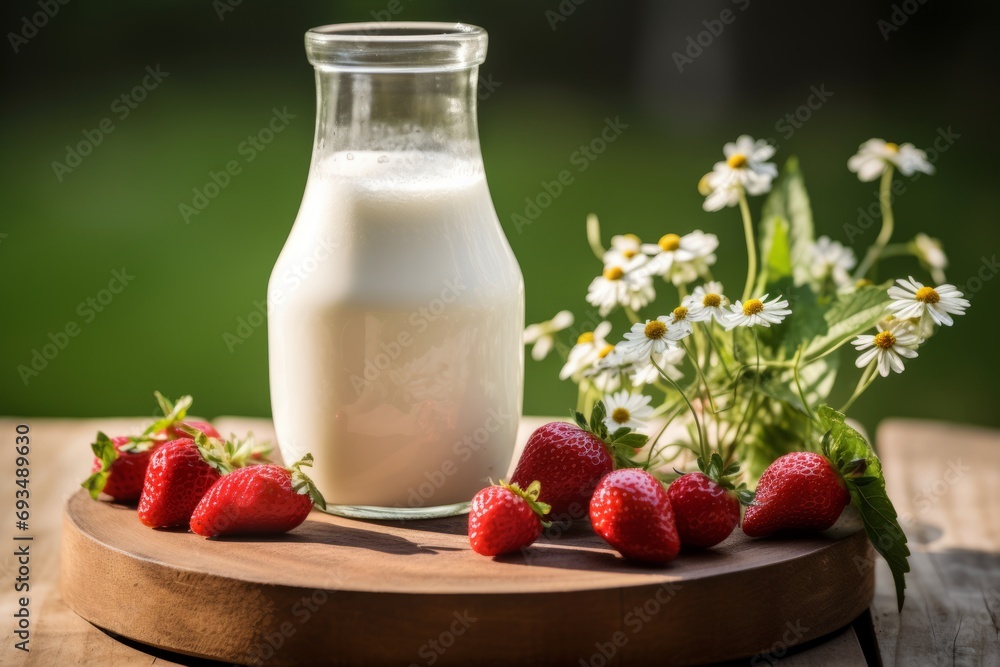 A healthy start to the day with a glass of filled milk, accompanied by a bottle of milk and a bowl of strawberries A healthy start to the day with a glass of filled milk, accompanied by a bottle of milk and a bowl of strawberries