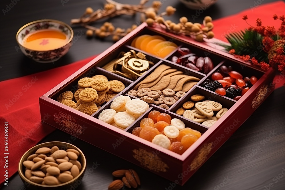 Traditional snack and desserts in chinese new year day, Snack box fruit, Local snack in china for celebrate celebration Traditional snack and desserts in chinese new year day, Snack box fruit, Local snack in china for celebrate celebration