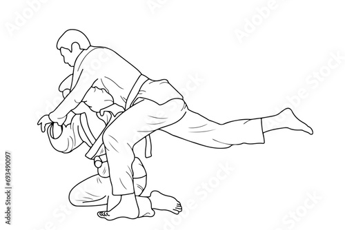 Line drawing of two young sportive judoka fighter. Judoist, judoka, athlete, duel, fight, judo