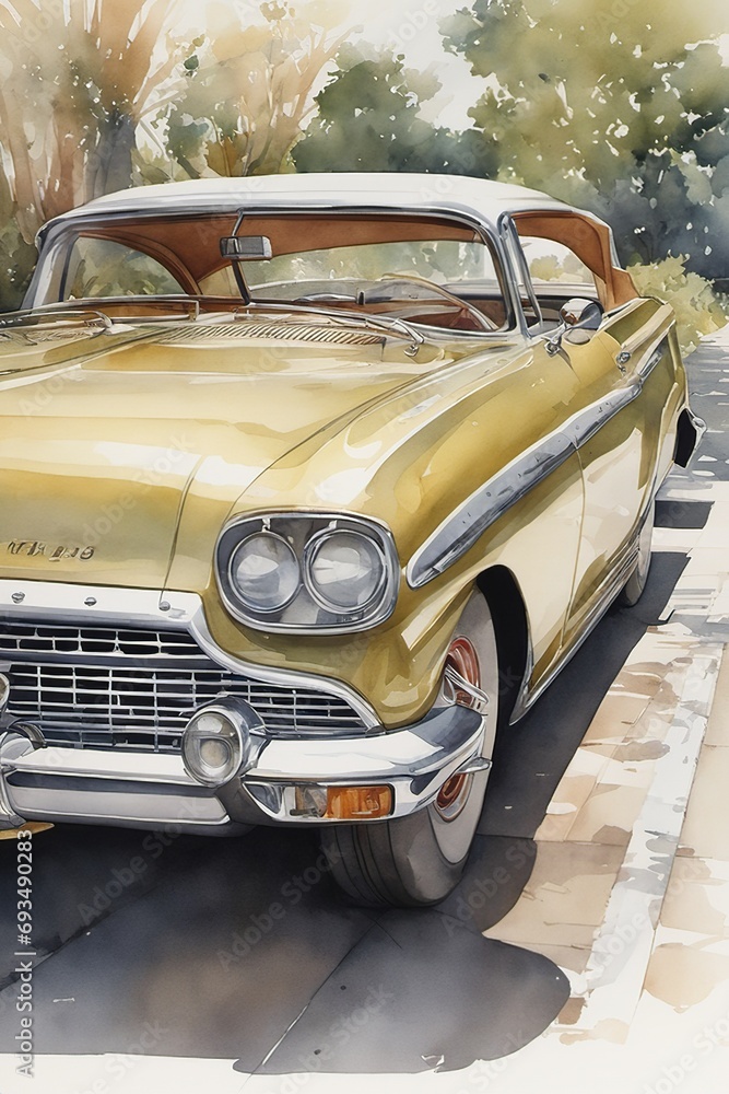 Classic car depicted in a watercolor artwork
