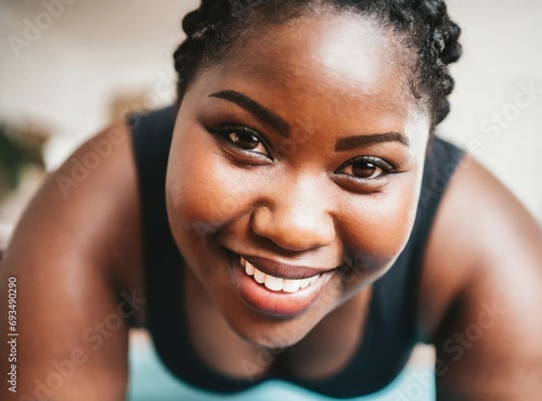 Black chubby woman doing push ups at home. Smiling face closeup.