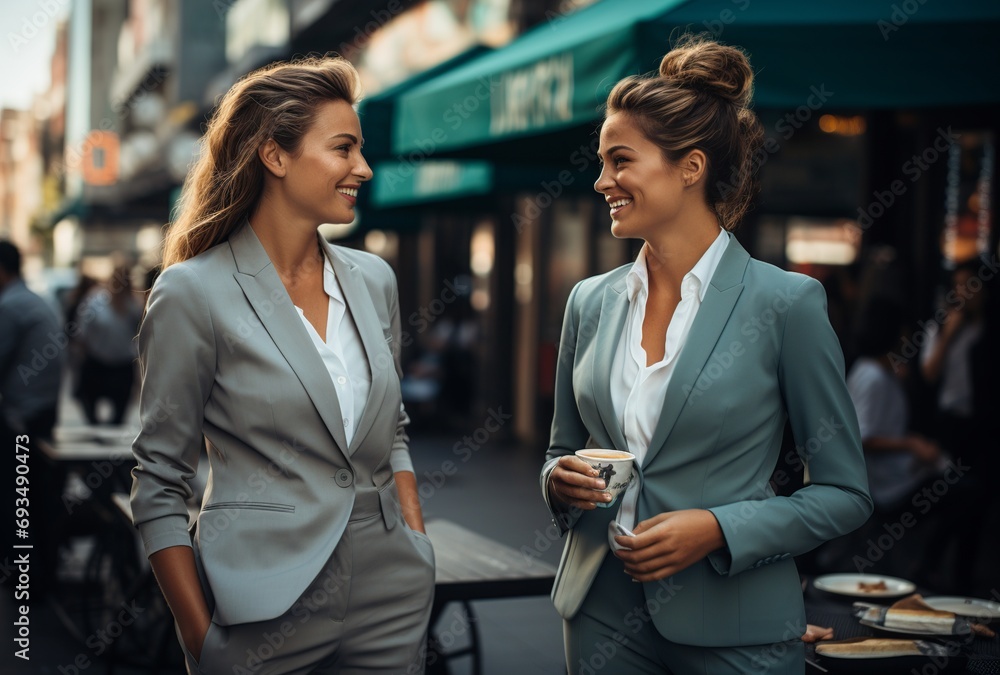 Two smiling businesswomen enjoying a city stroll - obrazy, fototapety, plakaty 