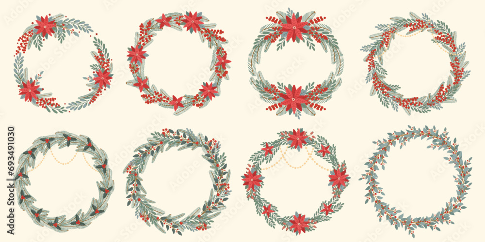 Set elegant door christmas wreaths in flat hand drawn style. Winter holiday decoration. Poinsettia, holly, Christmas tree branches and berries. Design elements for card, poster, invitation, banner