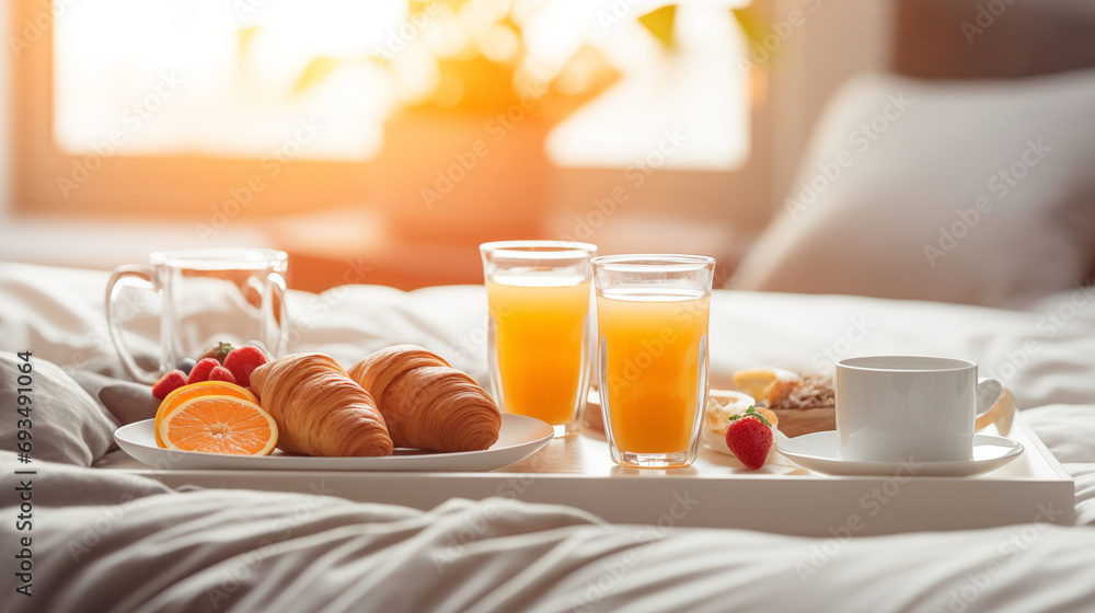 A family enjoying a weekend breakfast in bed, family routine, blurred background, with copy space A family enjoying a weekend breakfast in bed, family routine, blurred background, with copy space