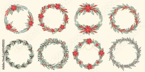 Set elegant door christmas wreaths in flat hand drawn style. Winter holiday decoration. Poinsettia, holly, Christmas tree branches and berries. Design elements for card, poster, invitation, banner