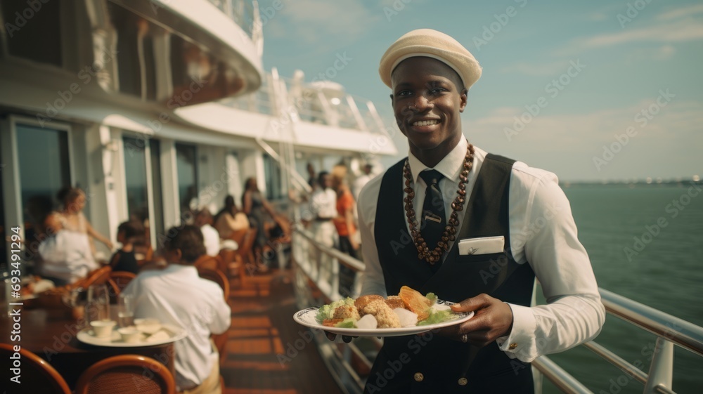 Portrait of an African-American man holding a tray with luxurious dishes intended for passengers traveling on a luxury liner during the summer holidays.  - obrazy, fototapety, plakaty 