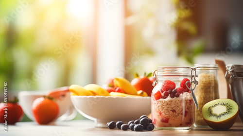 Preparing a healthy breakfast of fruits and cereal, morning routine, blurred background, with copy space