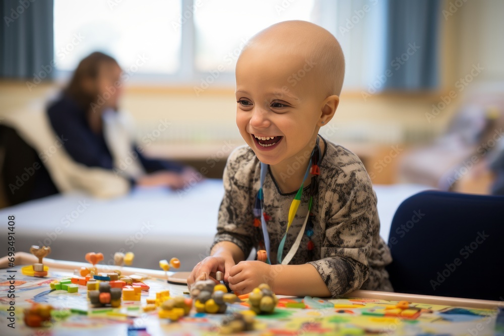 An adorable baby undergoes cancer treatment in a hospital. The brave toddler smiles and plays with toys, he does not give up and is confident of victory over the terrible disease. - obrazy, fototapety, plakaty 