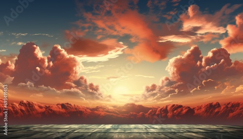 Stormy sky with dramatic clouds from an approaching thunderstorm at sunset. Powerful thunderclouds are illuminated red by the setting sun. Artistic background.