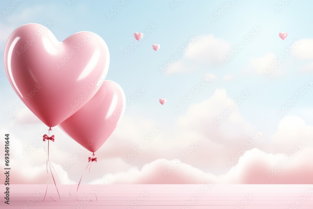 Two Pink Heart Balloons in the Beautiful Blue Sky with Soft Clouds