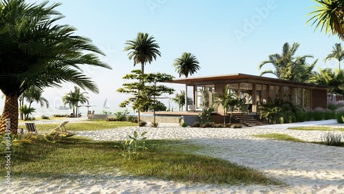 Exterior Design of Sea beach house with bright sky 3D Rendered