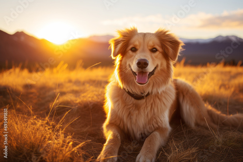 A large dog lies in the grass and looks at the camera in a meadow in the rays of the setting sun against the background of autumn trees. Walking with pets .