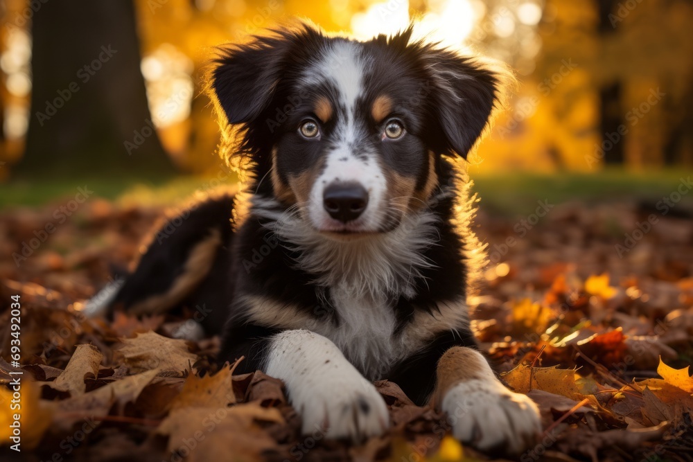 A beautiful dog lies in the grass and looks at the camera in a meadow in the rays of the setting sun against the background of autumn trees. Walking with pets.