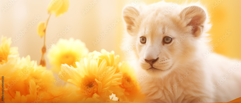 filhote de leão albino e flores amarelas com luz amarela no fundo - Papel de parede - obrazy, fototapety, plakaty 