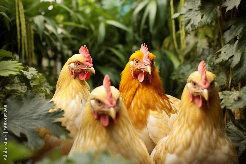 Fototapeta premium Domestic yellow chickens in the garden