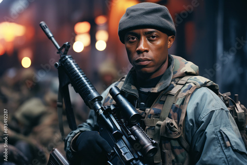A close-up portrait of a brave African-American soldier in protective combat uniform, wearing a hat photo
