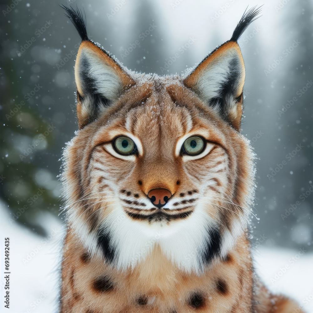 Fototapeta premium Beautiful portrait of a lynx in the winter forest.