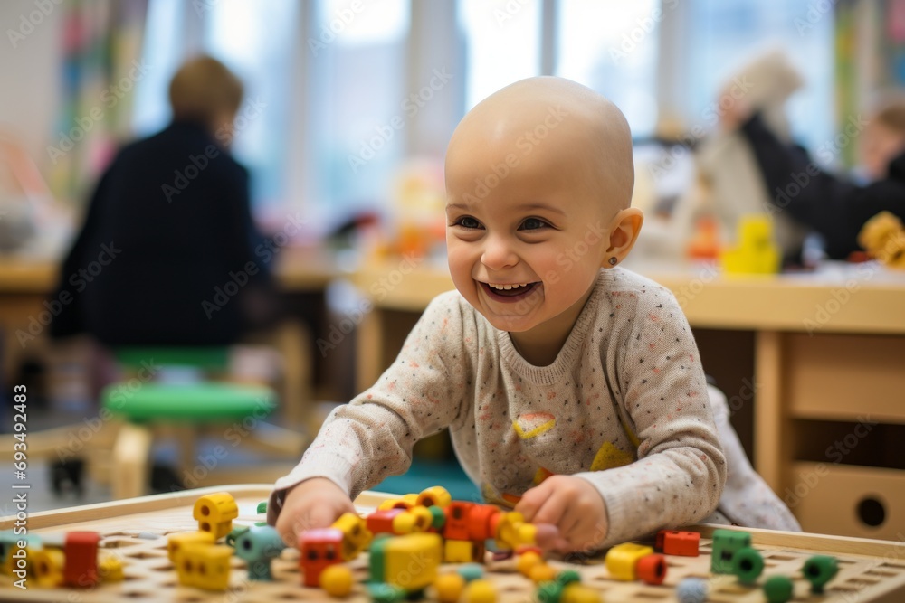 An adorable baby undergoes cancer treatment in a hospital. The brave toddler smiles and plays with toys, he does not give up and is confident of victory over the terrible disease. - obrazy, fototapety, plakaty 