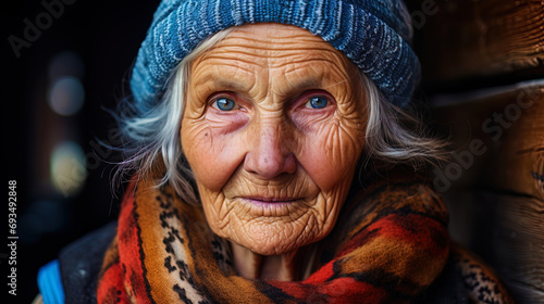 An old woman with graceful facial features and a warm look photo