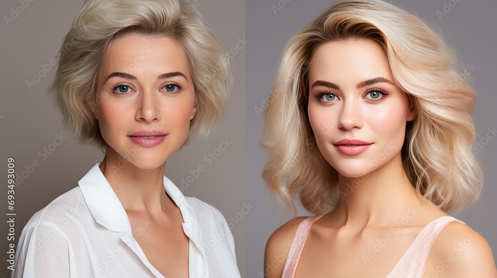 Before and after comparison of rejuvenation youth versus old age portrait transformation Before and after comparison of rejuvenation youth versus old age portrait transformation