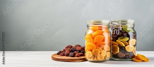 Dried fruit variety in glass jar on table. photo