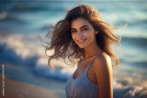 Portrait of the attractive caucasian young woman with wind fluttering hair on summer beach at sunset close up. Health, relaxation, travel concept