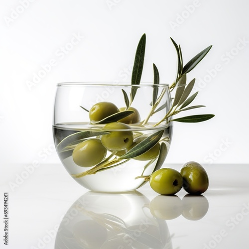 Green olives and leaf in water glass on white photo