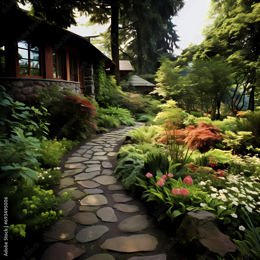 A winding stone path leading to a secluded garden