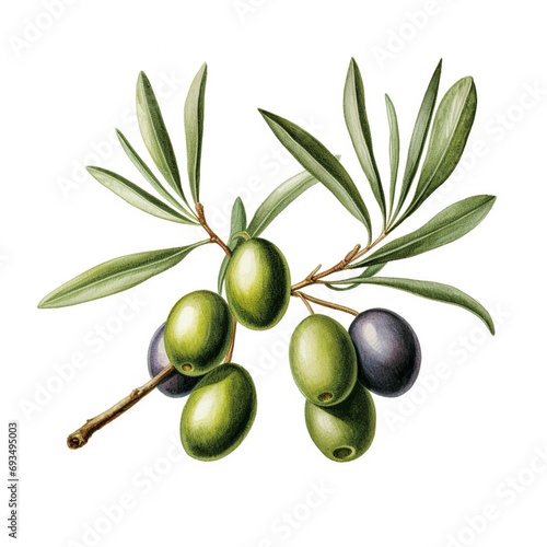 Olive branch with green and black fruit