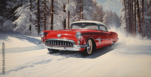 cherry red luxury american car, snow covered car, car in snow