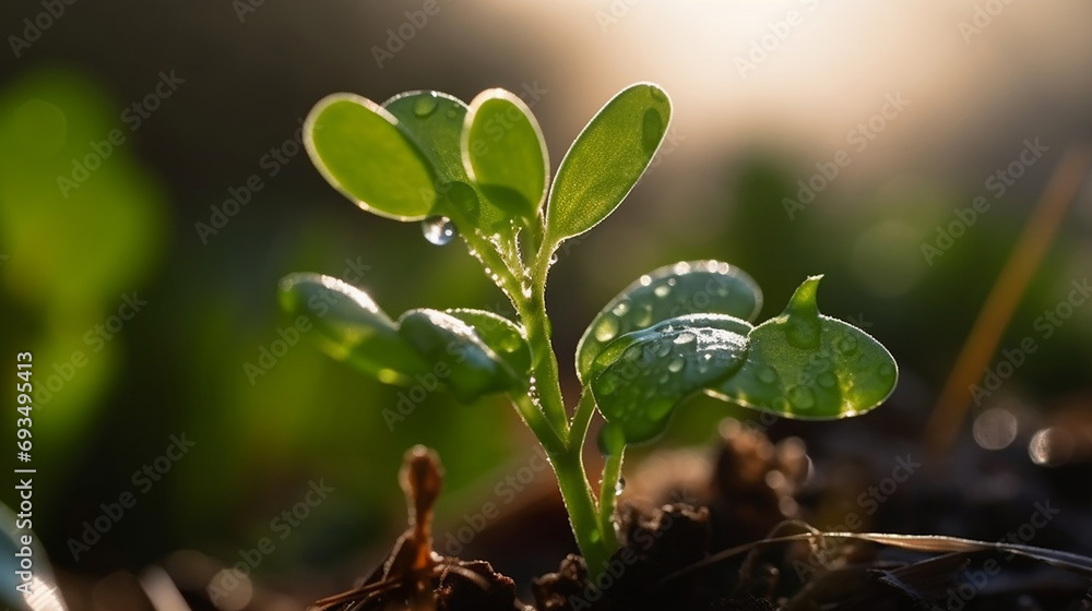 A young plant with a drop of water in the sun, a growing plant grows. Selective focus. Generative AI, A young plant with a drop of water in the sun, a growing plant grows. Selective focus. Generative AI,