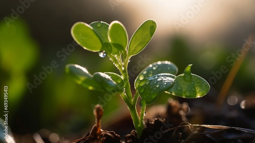 A young plant with a drop of water in the sun, a growing plant grows. Selective focus. Generative AI,