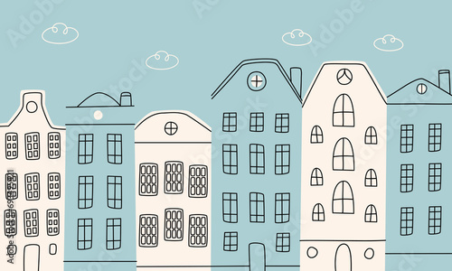 A set of doodle canal houses.Buildings pattern. Architecture of buildings line. Hand-drawn vector illustration