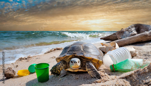 Turtle on the beach among trash and plastic