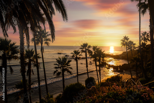 A view of Laguna Beach sunset at the beach. Laguna Beach is located in southern California. USA