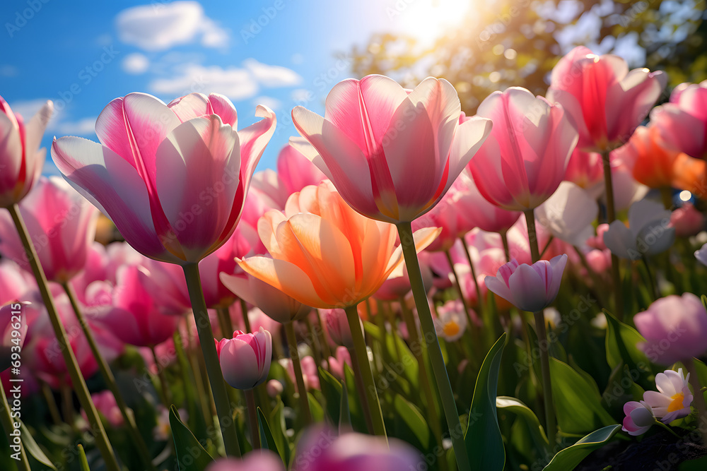 A Dreamy Scene of Pink Tulips Blooming Against a Sunset Sky and Distant Sea, Captured with a Wide-Angle Focus Lens in Unreal Engine.