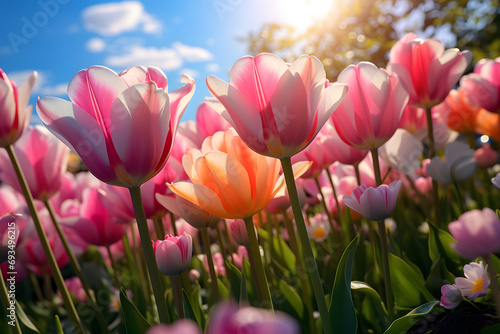 A Dreamy Scene of Pink Tulips Blooming Against a Sunset Sky and Distant Sea, Captured with a Wide-Angle Focus Lens in Unreal Engine.