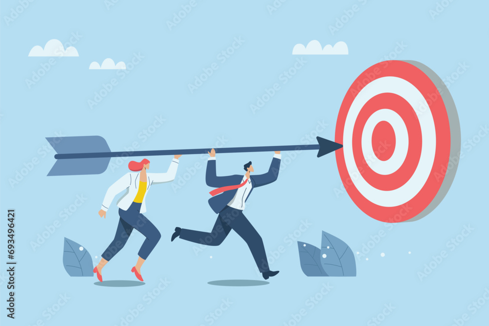 Effective teamwork, Successful business development, Setting goals for success or career growth concepts. Team of businessmen grab a big arrow and aim at the target in front of them. Vector design. - obrazy, fototapety, plakaty 