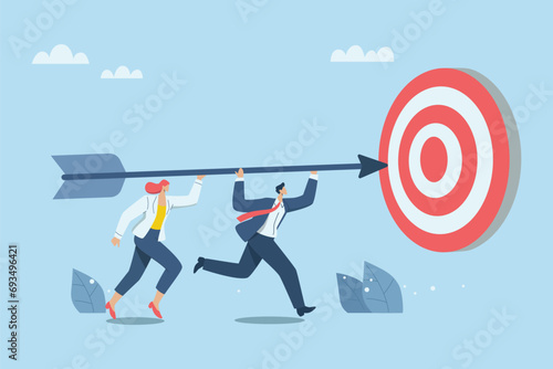 Effective teamwork, Successful business development, Setting goals for success or career growth concepts. Team of businessmen grab a big arrow and aim at the target in front of them. Vector design.