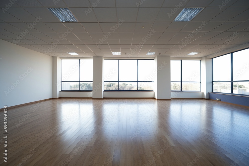 Fototapeta premium Minimalist Haven: An Empty Room Illuminated by Sunlight, Featuring a Gleaming Wood Floor